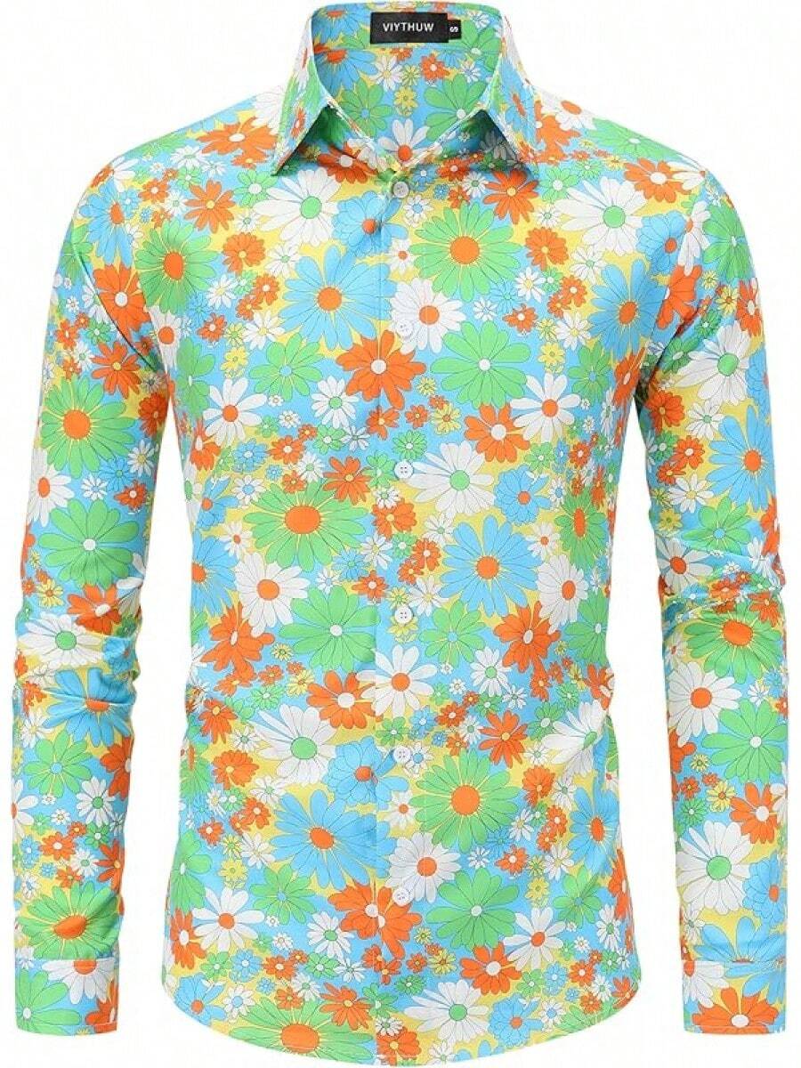 70s Outfits For Men Long Sleeve Casual Button Down 70s Disco Retro Paisley Shirt 70s Floral Vintage Hip Hop Shirts-20256688 - 顏色---7 - 查看 1