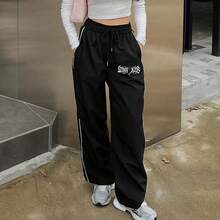 Tecnosport Women's Black Pants With Side Stripe And Stray Print Kpop Y2K - Streetwear Style - 黑色 - 查看 4
