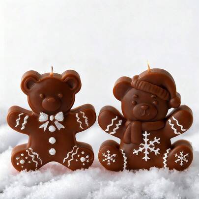 卡通熊和姜饼人硅胶蜡烛模具，DIY手工蜡烛制作用品，圣诞香皂，蜡熔体，石膏，树脂装饰模具，适用于家居装饰，节日礼物