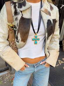 1Pc Bohemian Retro Cross Pendant Necklace With Turquoise Red Crystals, Multi-Layered Korean Velvet Cord, Suitable For Daily Wear, Ideal As Halloween, Christmas Birthday Gifts