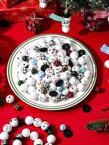 50pcs- Christmas Wooden Beads Winter Snowman Wooden Beads Buffalo Plaid And Colorful Cord Scarf Suitable For Christmas And Winter DIY Crafts Party Craft Decorations - Multicolor - View 1