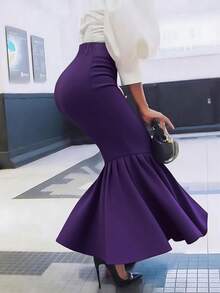 Plus Size Women's Autumn Solid Color Knit Fabric Ruffle Tie Waist Zipper Closure A-Line Skirt, Suitable For All Seasons - Purple - View 5