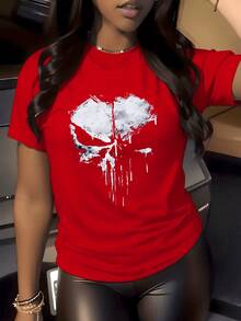 Cráneo Goteando Camisa de T con Estampado Digital 220 Gramos TShirt Casual Gótica de Manga Corta para Mujer 100% algodón Estilo Punk y Cuello Redondo 1 unidad de Camisa de T - Rojo - Ver 1