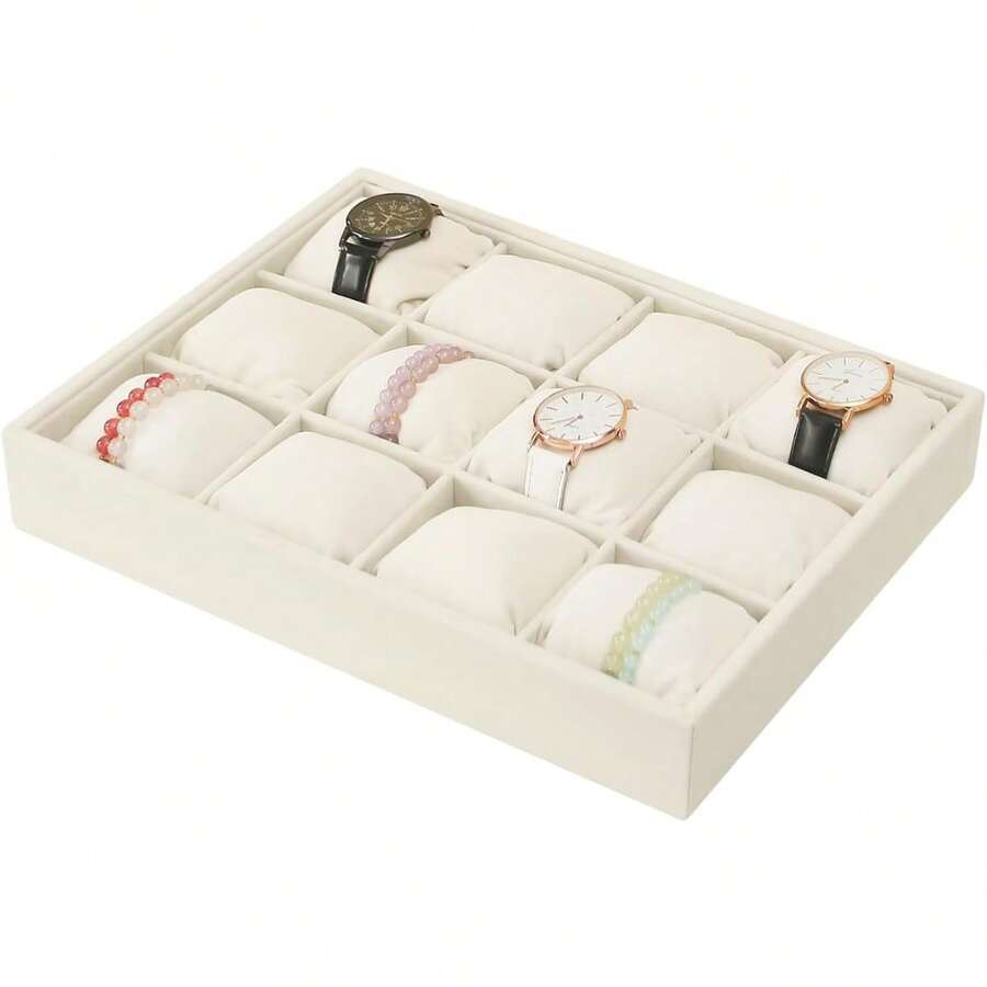 Stackable Jewelry Trays Organizer Set With Clear Lid, Trays For Drawer, Earring Necklace Bracelet Ring Display Organizer (Beige(Ring+12girds+30girds+The Glass Lid)) - A-米色天鵝絨 - 查看 1