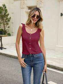 Fashionable Elegant Solid Color Cardigan Top, Knitted Fabric Button Ruffle Hem, Suitable For Commuting & Home Wear, Summer - Burgundy - View 3