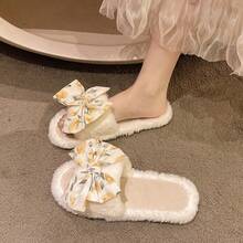 Dwukolorowe, wsuwane, wygodne, grube, polarowe kapcie damskie z kokardką