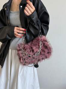 1 Túi đeo vai bằng lông giả họa tiết báo đốm màu đỏ tía dành cho nữ kèm dây xích, thời trang thu đông, túi lông mới về dành cho nữ - Màu Đỏ Sâu - Xem 6