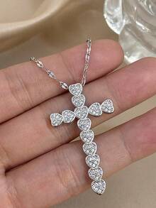 1Pc Elegant Luxe Cross Charms Heart Zirconia Necklace For Women Men Couples, Halloween Christmas Mom Gift Thanksgiving Wedding Jewelry Gift For Anniversary Valentine's Day Boho Jewelry Daily Party