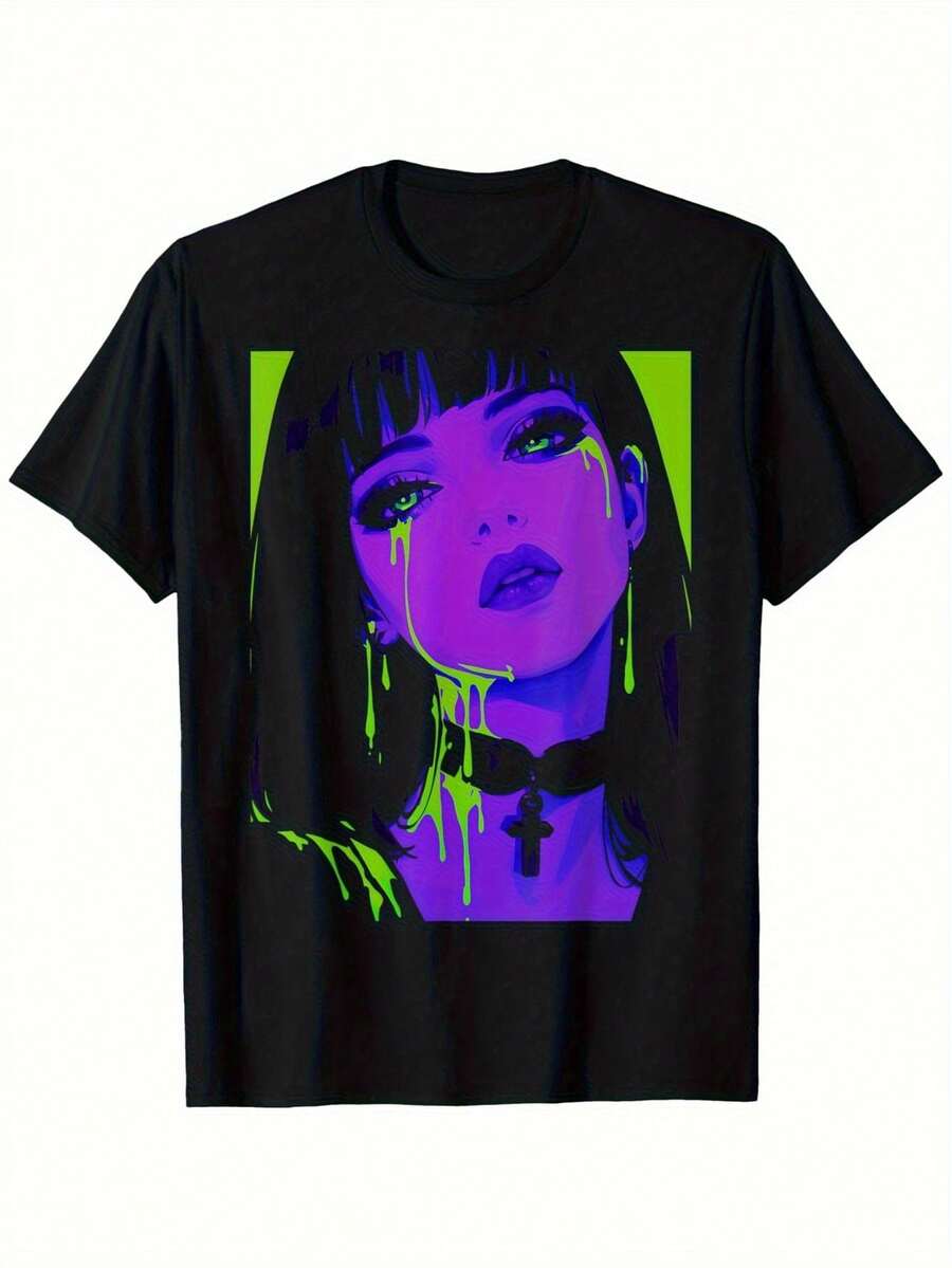 Cybergoth Cybercore Gothic Anime Graphic Tee - Black With Neon Purple & Green Accent Eyes - Heavy Metal Concerts, Cosplay, Everyday Streetwear - Soft Cotton Unisex Shirt For Men & Women - Cyberpunk Gothic Grunge Fashion, Cosplay Clothing, Round Neck Tshirt, Slight Elasticity, Alternative Fashion, Edgy Streetwear, Breathable Material, Short Sleeve Top, Punk Enthusiasts - 黑色 - 查看 1