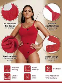 1pc Women Seamless Shaping Bodysuit With Thong Bottom, Slimming Bodyshaper Tummy Control Flat Belly Sheath Jumpsuit Shapewear Waist Trainer Shaper - 紅色 - 查看 3