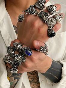 16pcs Punk Style Skull Gemstone Ring Set, Casual Everyday Wear For Men - Multicolor - View 6