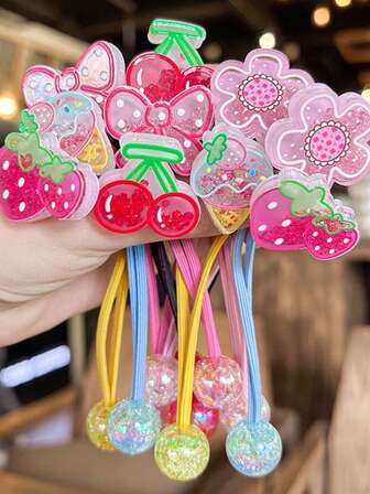 5个/1个水果色发圈，蝴蝶结、草莓、卡通花朵双头串珠弹力发绳，糖果色发饰，高弹力马尾发圈，无害，经久耐用，适合日常使用，颜色随机，化妆，发圈，橡皮筋，发绳头饰