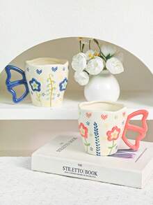 1 Stück 380ml Fassungsvermögen Keramikbecher mit kreativem Unterglasur Blumen Handbemaltem Muster, geeignet für Milch & Kaffee - Verschiedenfarbig - Übersicht 1