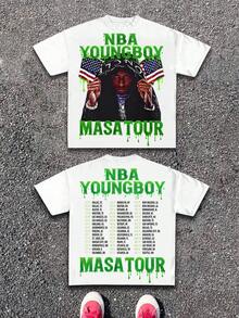Double Sided Printing (220 Cotton T-Shirt)Men's Y2K Tee -Retro American Street Style!Street Style Hip-Hop Tour T-Shirt, Featuring N-B-A YoungBoy Character Design + MASA TOUR City List. Extremely Eye-Catching! Graphic T Shirt, Loose Retro Fit,Suitable For Young Men And Women To Wear For Casual. - 白色 - 查看 1
