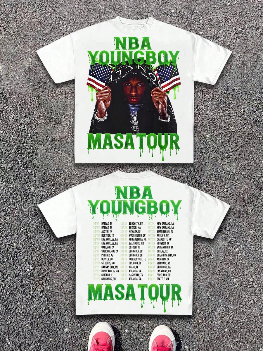 Double Sided Printing (220 Cotton T-Shirt)Men's Y2K Tee -Retro American Street Style!Street Style Hip-Hop Tour T-Shirt, Featuring N-B-A YoungBoy Character Design + MASA TOUR City List. Extremely Eye-Catching! Graphic T Shirt, Loose Retro Fit,Suitable For Young Men And Women To Wear For Casual. - 白色 - 查看 1