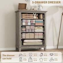 mteryoing 5-Drawer Dresser For Bedroom, 41.3" Tall Wood Chest Of Drawers, Freestanding Storage Closet Organizer With Large Vertical Drawers For Clothes, Bedroom, Living Room, Dorm - 灰色 - 查看 6