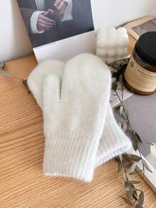 1 Pair Women's Solid Color Rabbit Thermal Lined Double-Layer Thick Knitted Fingerless Gloves, Suitable For Parties, Driving, Cycling, Hiking, Running, Keeping Warm In Cold Weather