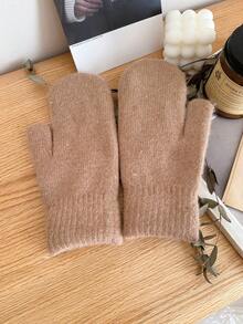 1 Pair Women's Solid Color Rabbit Thermal Lined Double-Layer Thick Knitted Fingerless Gloves, Suitable For Parties, Driving, Cycling, Hiking, Running, Keeping Warm In Cold Weather