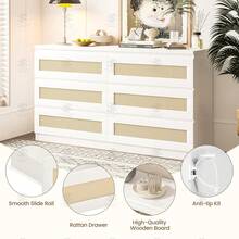 mteryoing Modern Rattan 6-Drawer Dresser For Bedroom - Slim Wooden Chest Of Drawers, Durable Freestanding Storage Organizer Cabinet For Living Room And Entryway - trắng - Xem 5