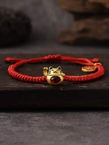 1 件中国风新年吉祥画油画招财猫铜钱吊坠红色编织手链，适合女性、日常、派对、节日、个性化配饰、送给家人和朋友的礼物 - 紅色 - 查看 5