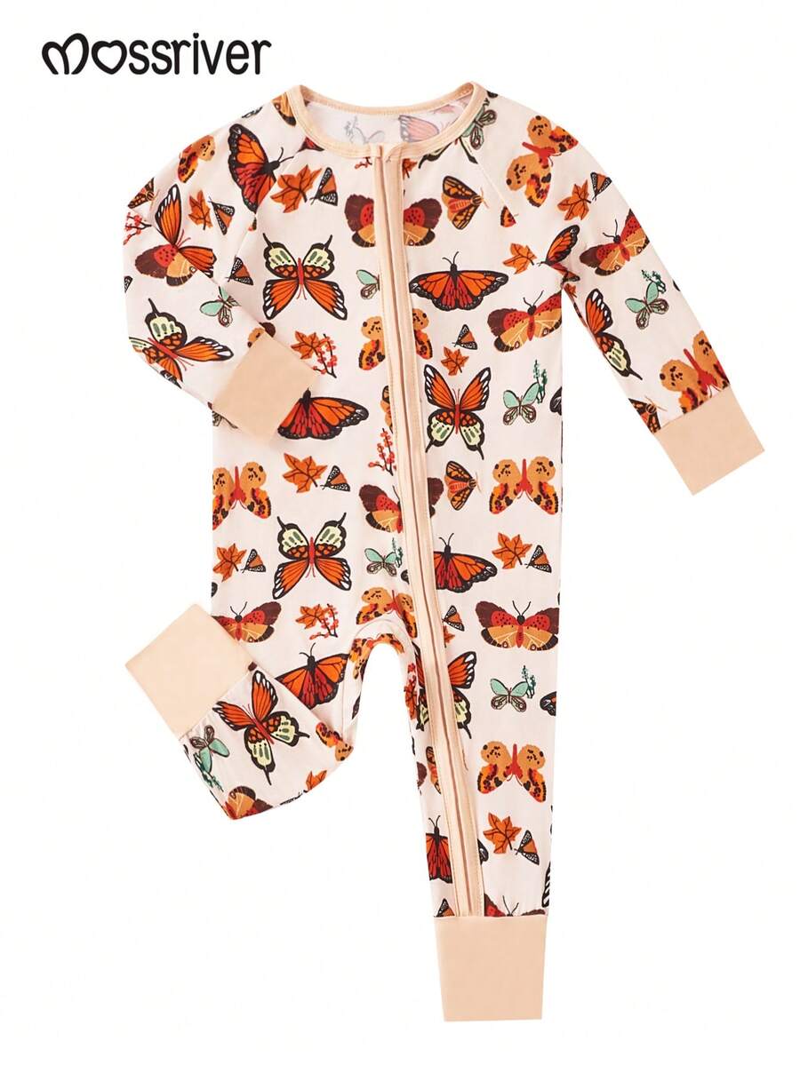 MOSSRIVER Baby Bamboo Fiber Zip-Up, Western Cowboy Print Romper, All-Season Knit Fabric Skinny Fit With Zipper Detail, Boy Baby Girl Clothes, Perfect For Outdoor E Cute Butterfly - 彩色 - 查看 1
