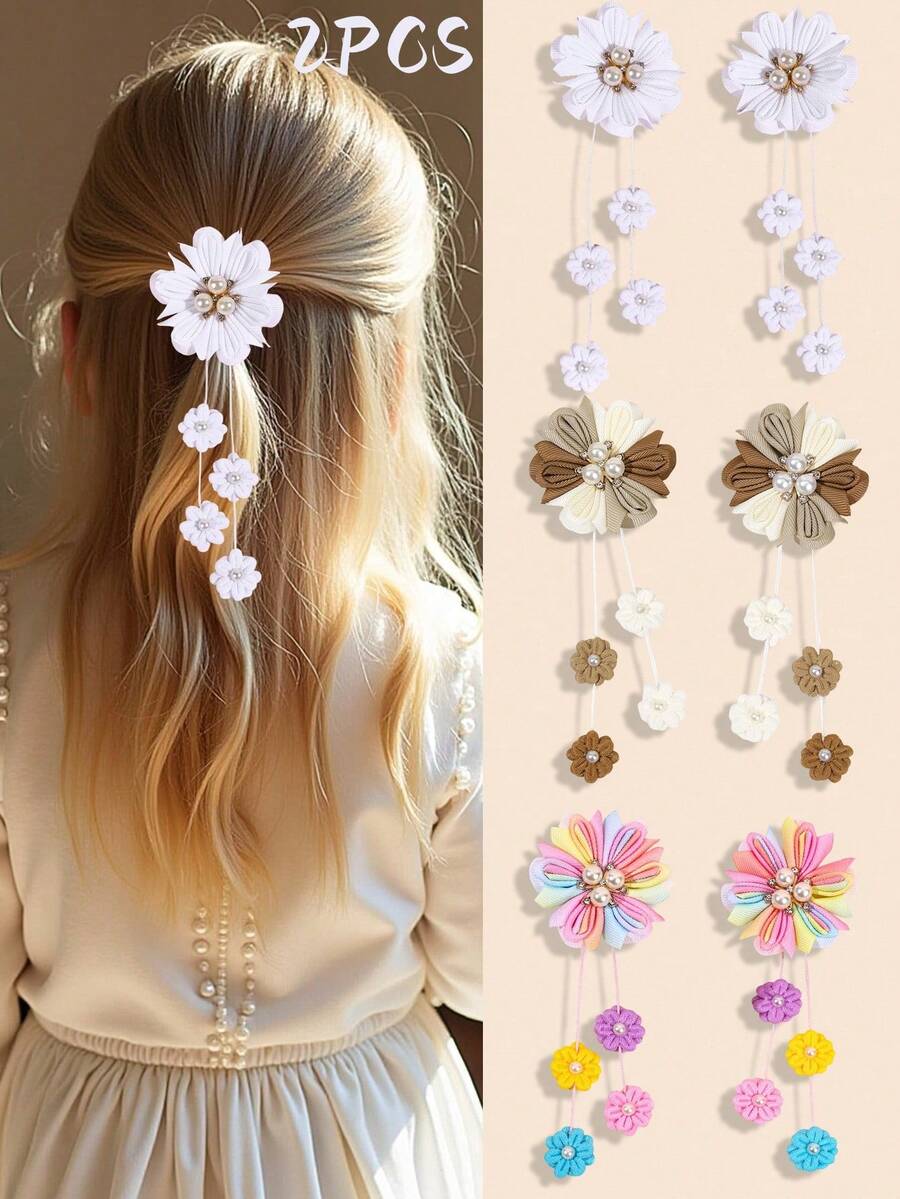 2 Stück Blumen Haarclips, weiße Haarspangen mit Blumenquasten, exquisite lässige Grosgrain Polyester Schleifenklammern, Haarspangen als Haaraccessoires für Mädchen