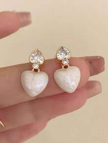 1 Pair Petite Elegant White Enamel Teardrop Glass Inlay Earrings, Chic For Daily Commute