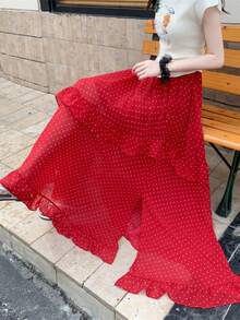 Ruffled Red Polka Dot Slit Beach Skirt, Pleated Floral Hem, Vacation Travel, Autumn 2025 New - Red - View 2