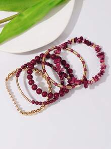 BOCAR 5pcs/Set Boho Copper Chained Bead & Faux Turquoise Bracelets, Suitable For Women Holiday & Daily Wear - Set - View 4