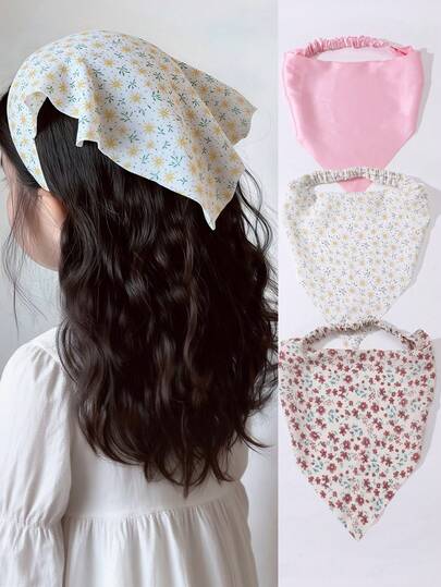 Bộ 3 khăn bandana và băng đô vải hoa cho bé gái, thích hợp để trang trí hàng ngày