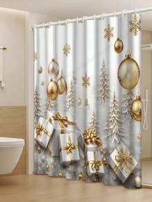 1/4 Pcs Christmas Gray & White Background Gold Foil Print Shower Curtain, Waterproof Polyester Fabric, Walk-In Shower Curtain With 12 Hooks, Bathroom Non-Slip Mat, Toilet Seat Cover And U-Shaped Pad, New Year Bathroom Decor Set