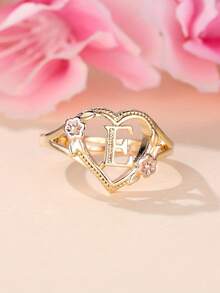 Tsnamer 1枚精美立方氧化锆金色字母心形戒指，26个字母A-Z可定制姓名花朵图案，可调节开口手镯式戒指，适合女性和女孩日常佩戴，生日珠宝礼物 - 金黃色花朵 - 查看 16