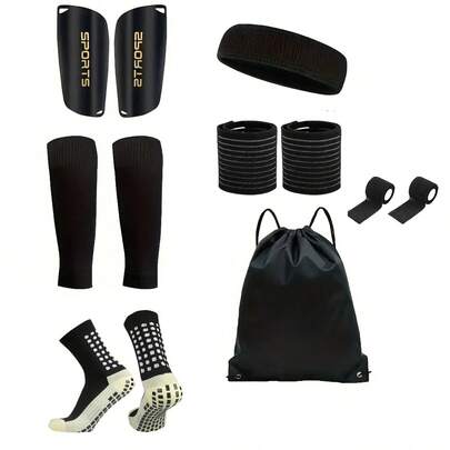 7-Piece Soccer Sports Equipment Set, Includes Silicone Grip Soccer Leg Warmers, Knitted Sock Covers, Shin Guards, Sports Headband, Drawstring Backpack, Elastic Compression Wristbands And Sports Tape, Solid Colors, Hand/Machine Washable, Great Christmas Gift For Family And Friends Who Love Soccer And Outdoor Sports
