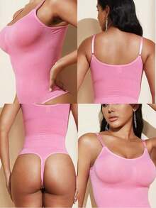 1pc Women Seamless Shaping Bodysuit With Thong Bottom, Slimming Bodyshaper Tummy Control Flat Belly Sheath Jumpsuit Shapewear Waist Trainer Shaper - 粉色 - 查看 4