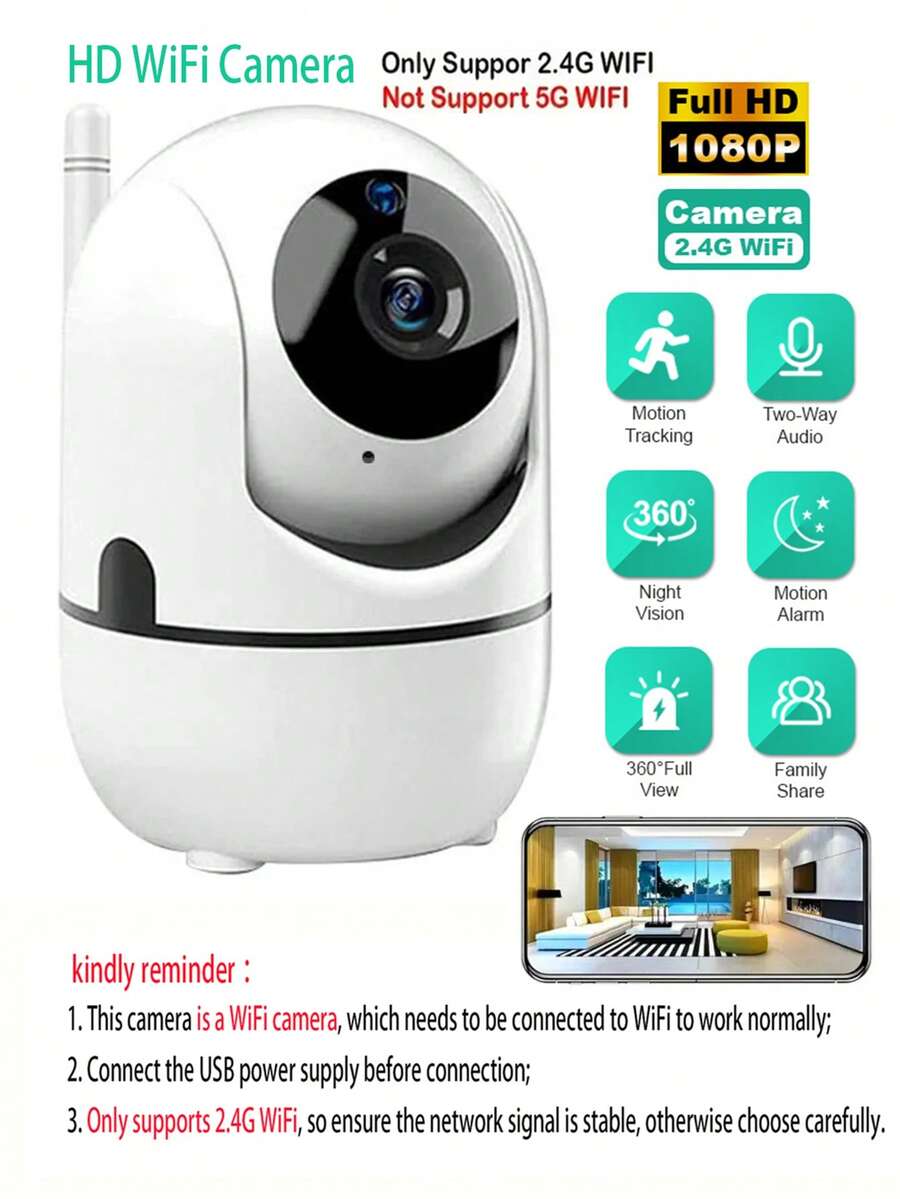 1 件 1080P 高清智能无线 WiFi IP 摄像机，2.4GHz 远程控制监控摄像头，带视频录制、婴儿监视器、保姆摄像头、夜视、AI 自动跟踪、报警、双向音频、USB 供电 - 白色 - 查看 1