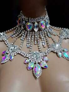 1pc Sexy AB Crystal Rhinestone Necklace, Romantic Bridal Wedding Party Shiny Jewelry Accessory, Oversized Statement Necklace For Women - 銀色 - 查看 1