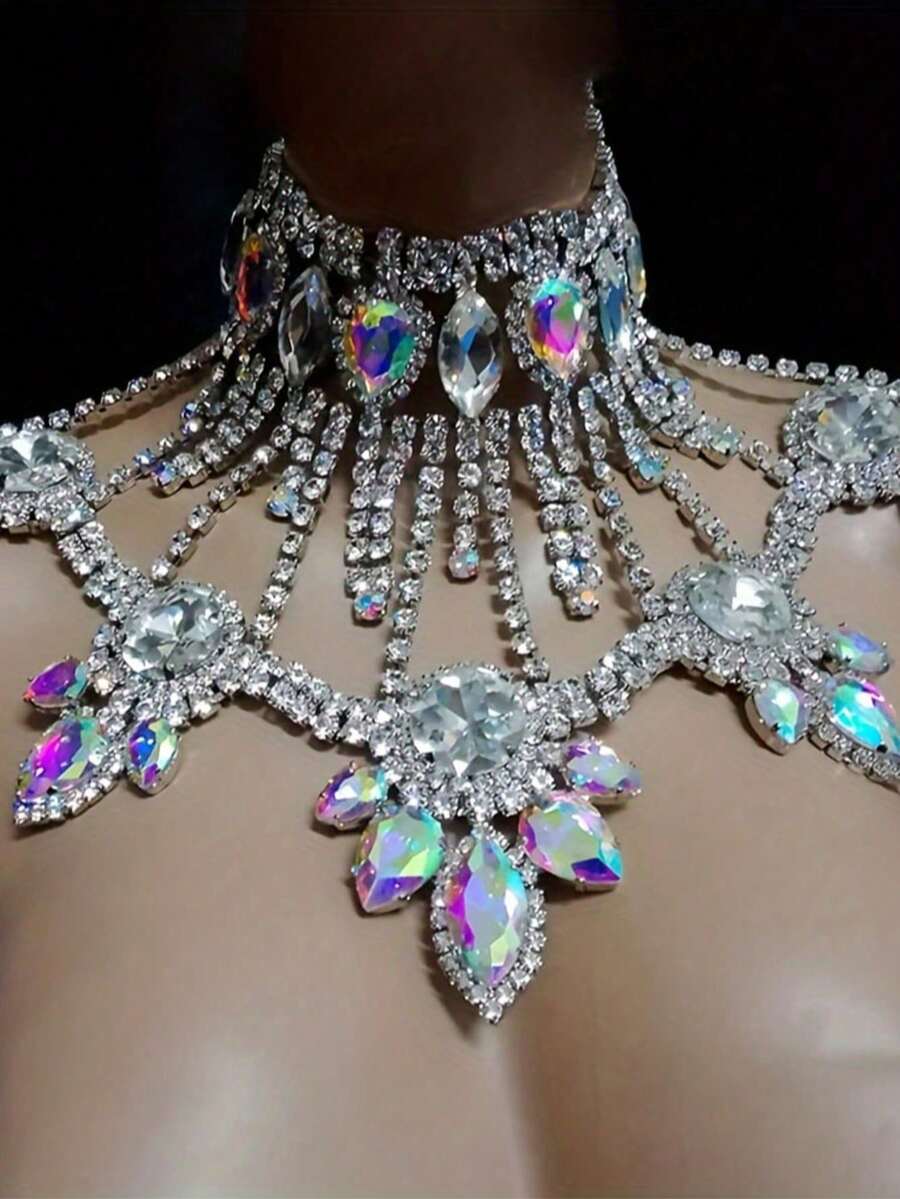 1pc Sexy AB Crystal Rhinestone Necklace, Romantic Bridal Wedding Party Shiny Jewelry Accessory, Oversized Statement Necklace For Women - 銀色 - 查看 1