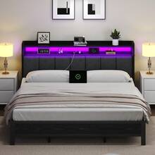 LED Bed Frame With Storage Headboard, Upholstered Bed Frame With Charging Station, Metal Platform Bed Frame With Heavy Duty Metal Slats, No Box Spring Needed, Easy Assembly, Black/ White/ Beige - 黑色 - 查看 14