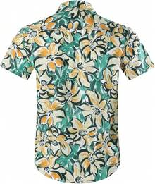 Men's Short-Sleeve Button-Down Tropical Hawaiian Shirt-20256688 - Hoa xanh cam - Xem 2