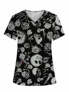 cimmuovere Women's Scrubs V-Neck Short Sleeve Skull Print Scrubs Nurse Scrubs Workwear Dentist Healthcare Pet Hospital Laboratory Top, Halloween Clothes Black Spring - Black - View 1