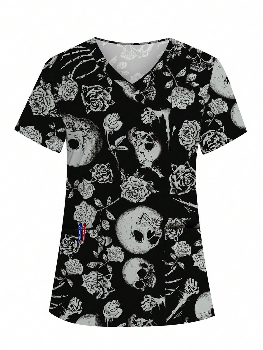 cimmuovere Women's Scrubs V-Neck Short Sleeve Skull Print Scrubs Nurse Scrubs Workwear Dentist Healthcare Pet Hospital Laboratory Top, Halloween Clothes Black Spring - Black - View 1