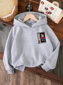 男童休闲时尚街头卡通字母印花落肩宽松保暖抓绒卫衣，秋冬款