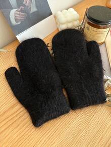 1 Pair Women's Solid Color Rabbit Thermal Lined Double-Layer Thick Knitted Fingerless Gloves, Suitable For Parties, Driving, Cycling, Hiking, Running, Keeping Warm In Cold Weather