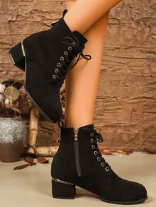 秋冬新款粗跟系带黑色靴子，女士优雅百搭金属扣侧拉链踝靴 - 黑色 - 查看 6