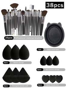 45合1彩妆护肤套装，25支化妆刷+20件化妆工具，护肤工具旅行包礼盒套装，女士/日常使用，专业化妆刷套装包含25支化妆刷（粉底刷、散粉刷、腮红刷、高光刷、眼影刷、眼线刷、轮廓刷、细头刷）、4个化妆海绵、4个三角化妆海绵、4个迷你粉扑、4个迷你化妆海绵、1个化妆刷清洁碗、3个发圈套装，完整化妆刷套装，全套化妆刷，化妆刷套装，完整化妆工具包，赠品，专业化妆刷，完整化妆套装 - 黑色 - 查看 12
