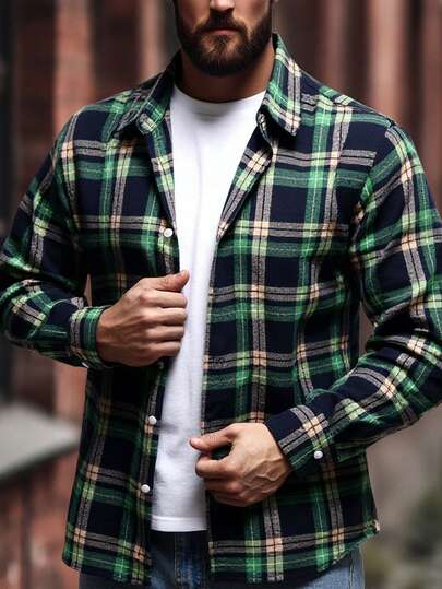 男士拉绒格子长袖衬衫，圣诞节、秋冬季休闲装