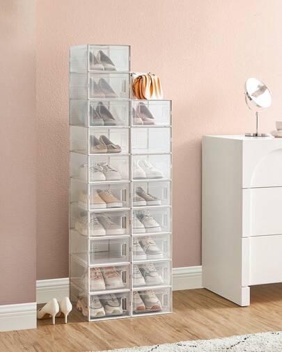 Scatole per Scarpe, Pacco da 18/12 Contenitori per Scarpe, Organizzatori Porta Scarpe Pieghevoli e Impilabili, Fino a Taglia 44, Trasparente e Bianco