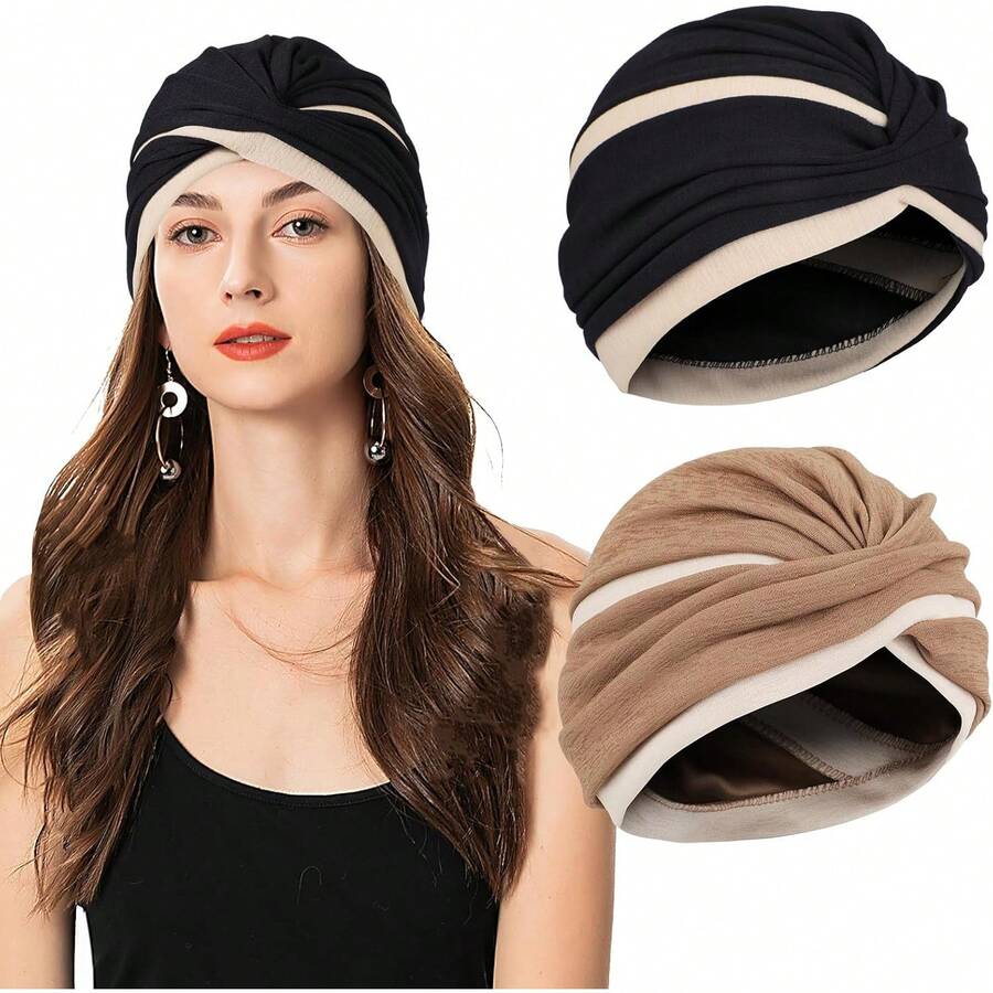 2 Pieces Turbans For Women, Soft Pre Tied Knot African Turban Head Wraps Chemo Headwear Pleated Beanie Cap Sleep Hat Hair Loss Hat Chemo Cancer Cap For Women - 1 - 查看 1