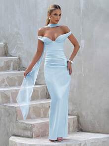 一件纯色露肩优雅修身飘逸鸡尾酒会连衣裙，适合婚礼、鸡尾酒会等场合。 - 淺藍色 - 查看 1