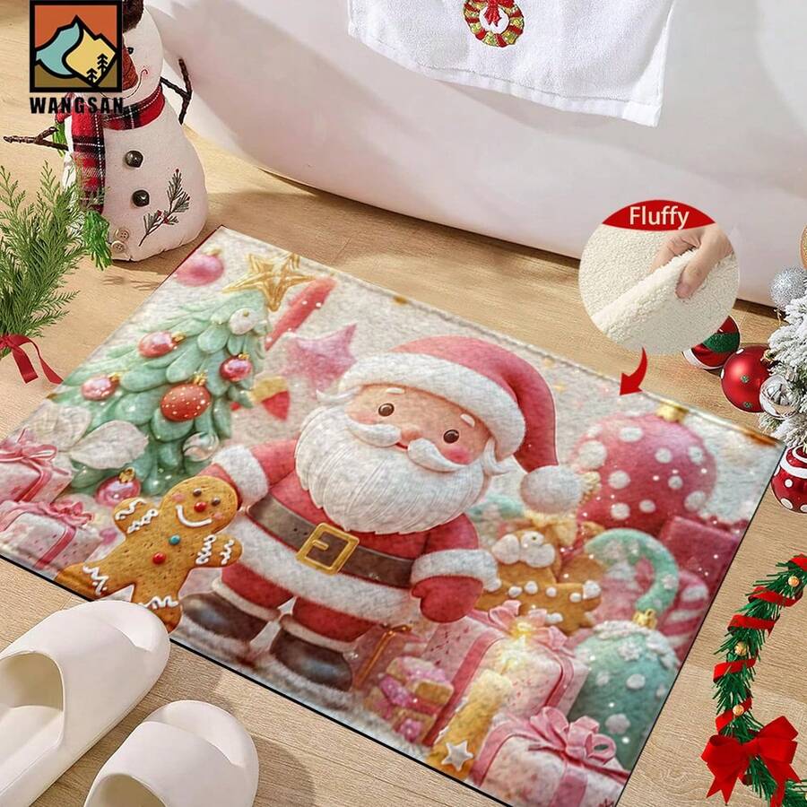 1pc Santa Claus Patterned Bathroom Anti-Slip Mat, Made Of Artificial Cashmere With Plush Decoration, Is Suitable For Bathrooms, Doorways, Kitchens And Other Occasions. It Can Be Machine Washed, Is A Holiday Decoration And Can Be Given As A Gift - Multicolor - View 1